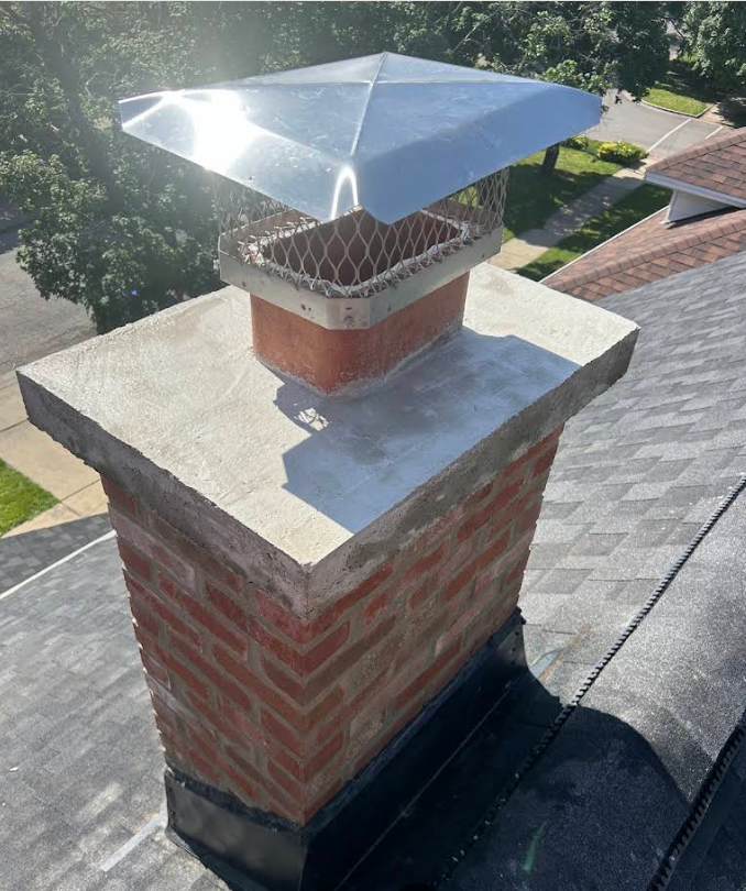 Rebuilt brick chimney with a new concrete crown and stainless cap