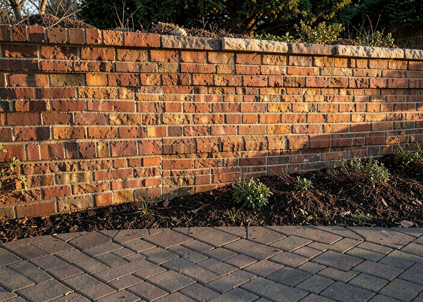 Brick garden wall with stone cap beside a paver patio