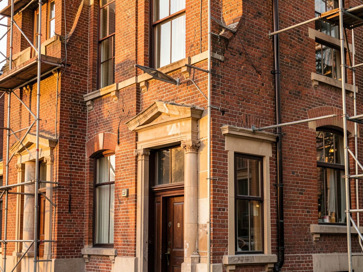 Historic brick facade under restoration with cleaned masonry and limestone trim